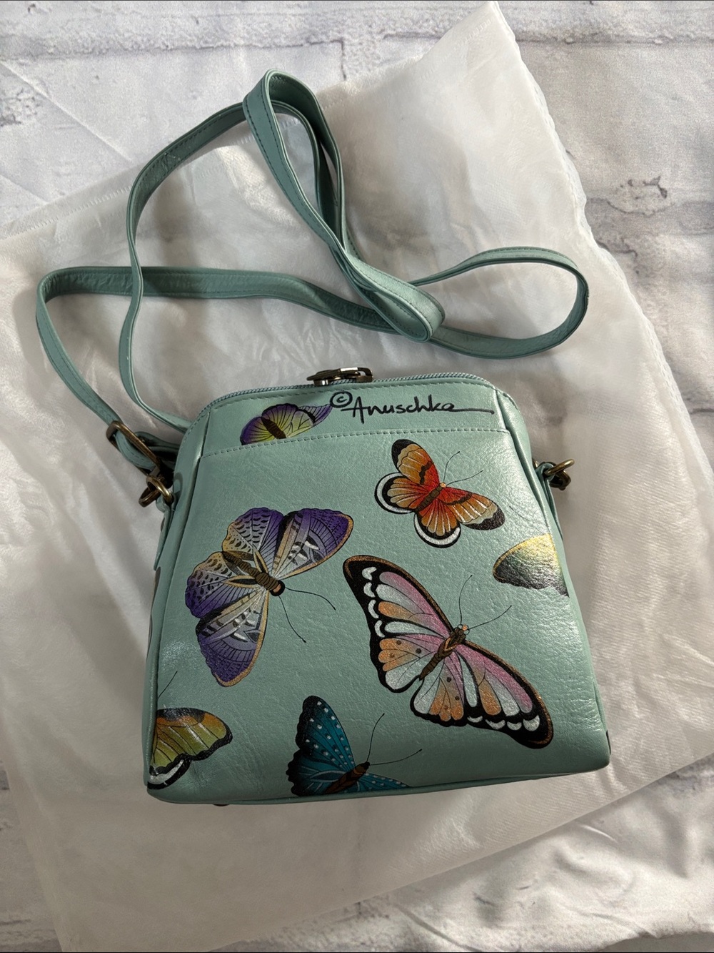 Anuschka Mint Green Butterfly Leather Crossbody